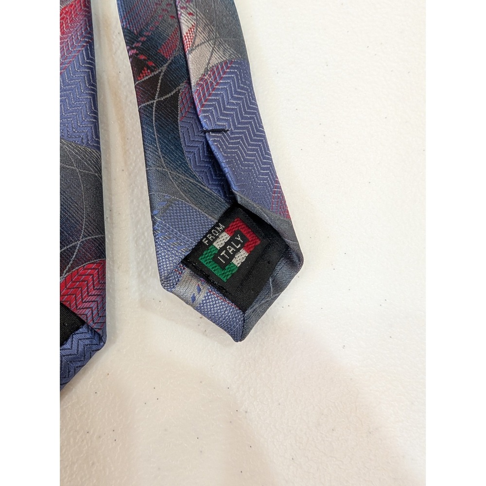 Geometric Circles Necktie Men's Blue Red Gray Micro Fiber Designer Italy 58.5" - Picture 3 of 4